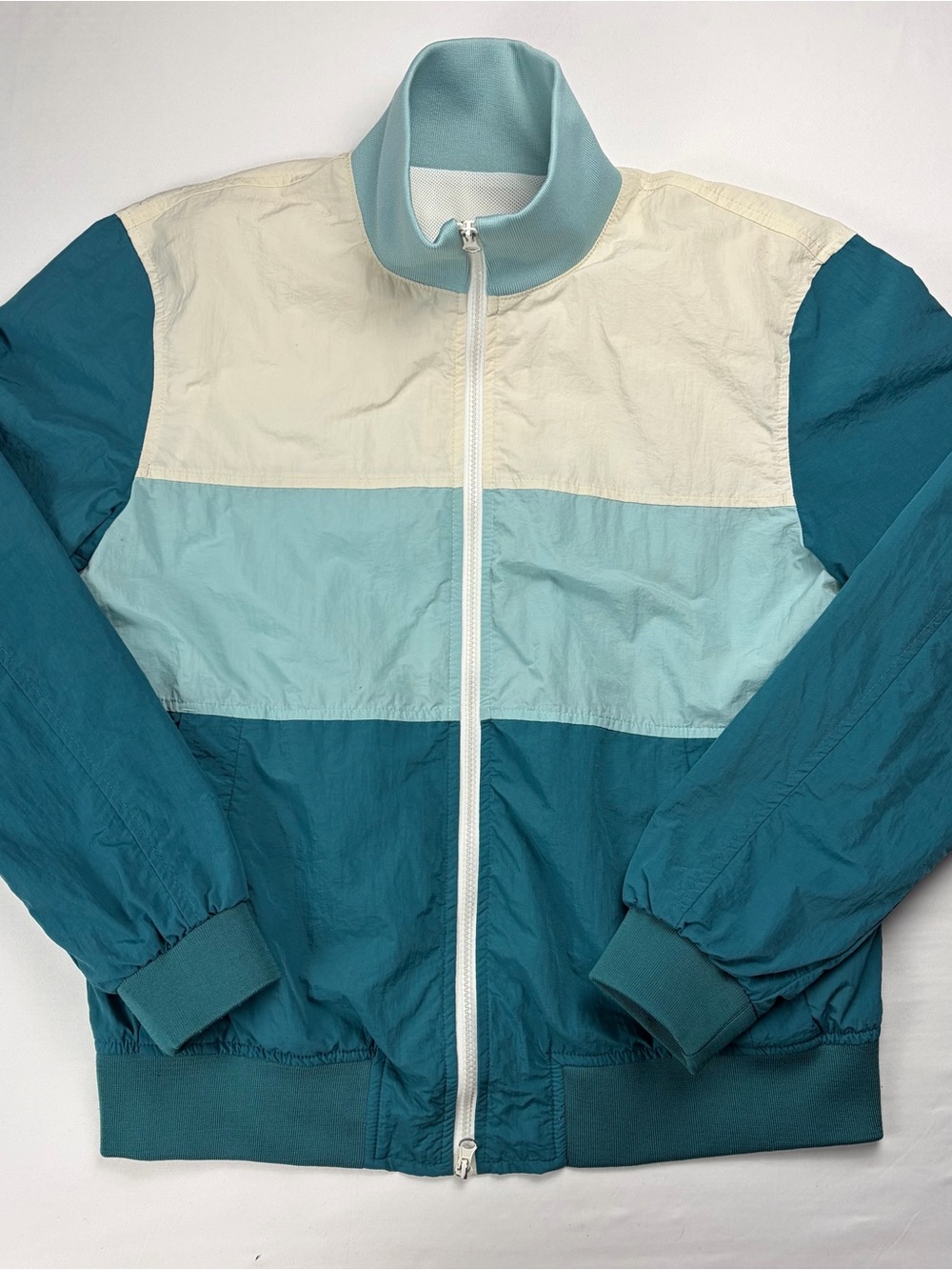 Vintage Zara 90s Colorblock Windbreaker Track Jacket Teal Cream L